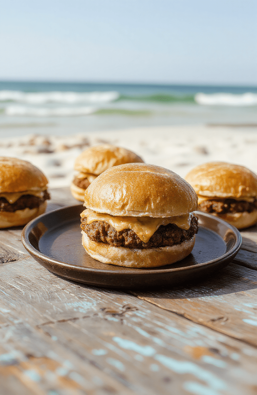 Three golden-brown mini burger sliders on a small white ceramic plate, each topped with melted American cheese, a slice of dill pickle, a ring of onion, and a custom 'Krabby Patty' patty with visible grill marks, served on soft potato buns, garnished with lettuce and tomato slices, backdrop of sandy beach and ocean blue accents