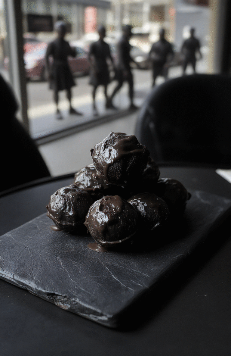 Three glossy black chocolate cake pops with white chocolate ‘smiley’ masks, placed on a dark marble surface with red glitter accents, against a backdrop of subtle grid patterns and soft dramatic lighting