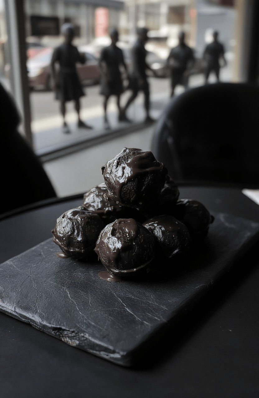Three glossy black chocolate cake pops with white chocolate ‘smiley’ masks, placed on a dark marble surface with red glitter accents, against a backdrop of subtle grid patterns and soft dramatic lighting