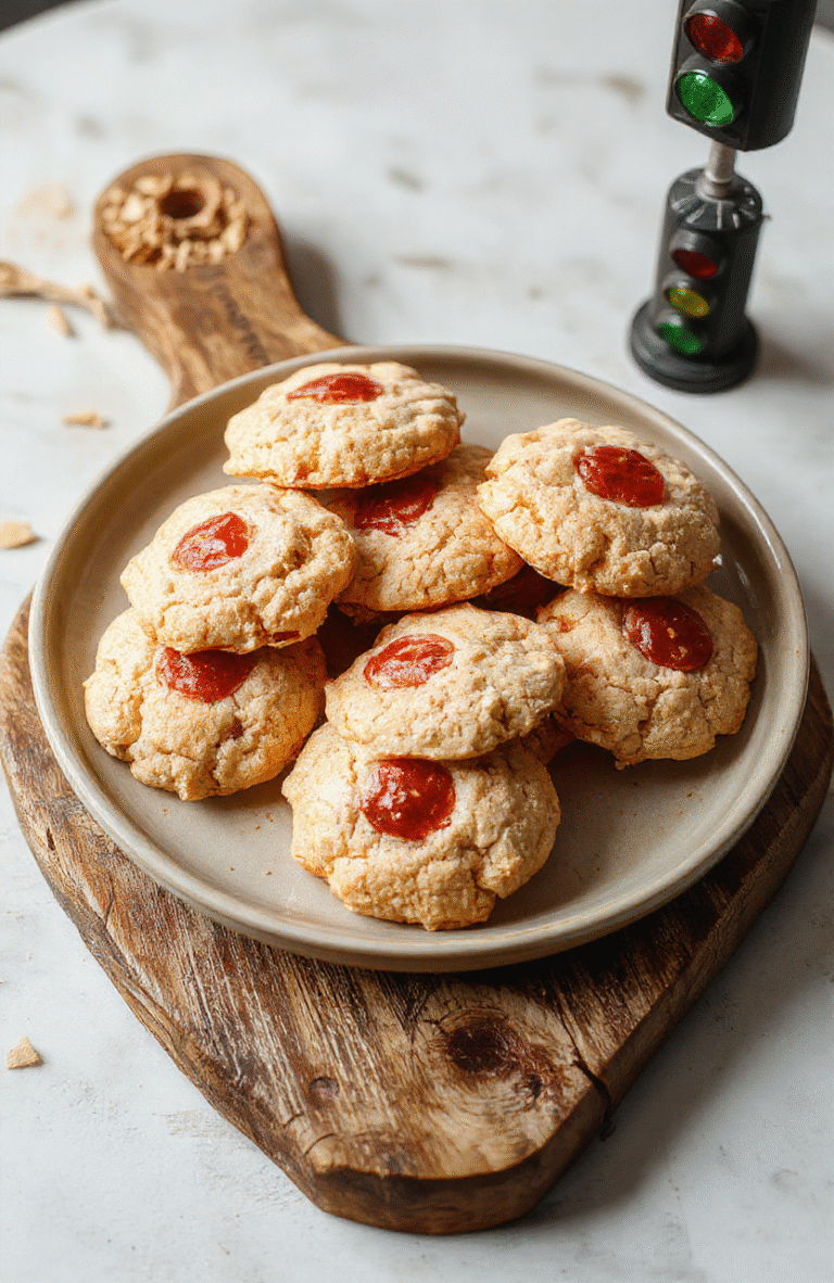 Vibrant multicolored cookies arranged in a stoplight pattern with green, red, and yellow layers; each cookie features edible glitter and white chocolate drizzle for a game-themed aesthetic, placed on a rustic wooden board with subtle Korean script decals and a toy traffic light prop in the background.