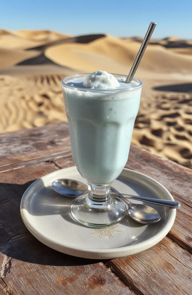 A vibrant, swirl-topped blue milkshake in a clear glass cup with a striped paper straw, garnished with a dollop of whipped cream and a small plastic Jawa head candy, set on a wooden surface with desert dunes and twin suns reflected subtly in a metallic spoon beside it.