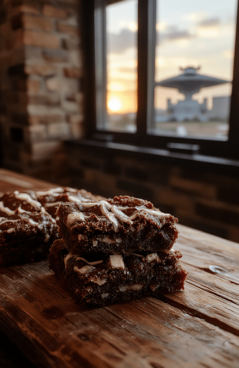 Fudgy, deeply chocolate brownies with a rich glossy top, topped with a realistic Chewbacca face made from white chocolate and dark chocolate ganache, placed on a rustic wooden board surrounded by sprinkles resembling Wookiee fur and edible gold stars, against a soft-focus backdrop evoking a sci-fi cabin interior with subtle holographic lights