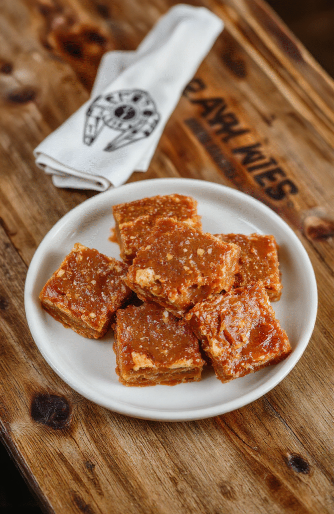 Rustic-scale chewy oatmeal caramel bars topped with salted caramel drizzle and crushed pretzel crumbles, dusted with cocoa powder, resting on a wooden cutting board with subtle Han Solo and Chewbacca-themed paper napkins, in warm natural daylight with soft shadows