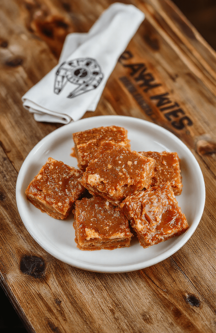 Rustic-scale chewy oatmeal caramel bars topped with salted caramel drizzle and crushed pretzel crumbles, dusted with cocoa powder, resting on a wooden cutting board with subtle Han Solo and Chewbacca-themed paper napkins, in warm natural daylight with soft shadows