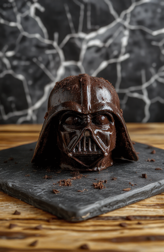 Dark chocolate cake shaped like Darth Vader's helmet, Glossy black fondant helmet with red glowing LED eyes, white plastic lightsaber hilts crossed on top, served on a dark slate board with chocolate shavings and edible gold dust accents, ambient lighting with soft shadows