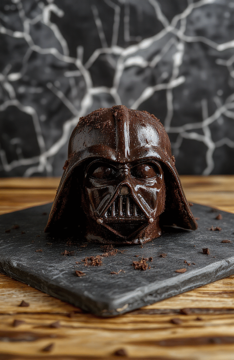 Dark chocolate cake shaped like Darth Vader's helmet, Glossy black fondant helmet with red glowing LED eyes, white plastic lightsaber hilts crossed on top, served on a dark slate board with chocolate shavings and edible gold dust accents, ambient lighting with soft shadows