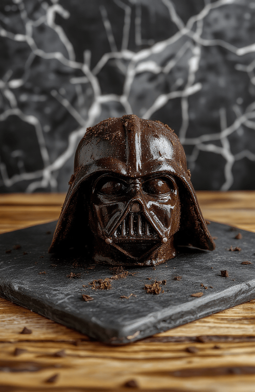 Dark chocolate cake shaped like Darth Vader's helmet, Glossy black fondant helmet with red glowing LED eyes, white plastic lightsaber hilts crossed on top, served on a dark slate board with chocolate shavings and edible gold dust accents, ambient lighting with soft shadows