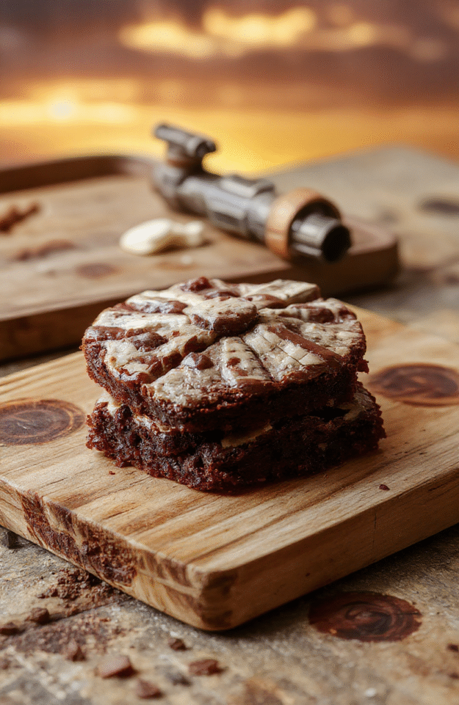 Fudgy, crackly-crust espresso brownies shaped like the Millennium Falcon’s silhouette, dusted with cocoa and chocolate shavings, placed on a rustic wooden tray beside a steaming mug of coffee and a small X-wing cookie, in warm natural light with soft shadows.