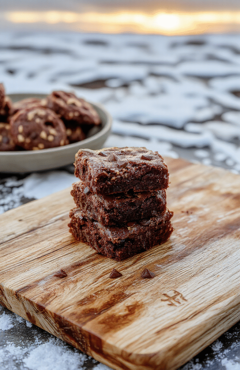 Rich, fudgy chocolate brownies drizzled with dark and milk chocolate ganache, topped with crushed walnuts and edible gold-dusted chocolate 'fur' curls to evoke Chewbacca's iconic woolly coat, served on a rustic wooden cutting board with subtle Star Wars-themed props like a mini lightsaber and a subtle Hoth backdrop in soft focus behind.