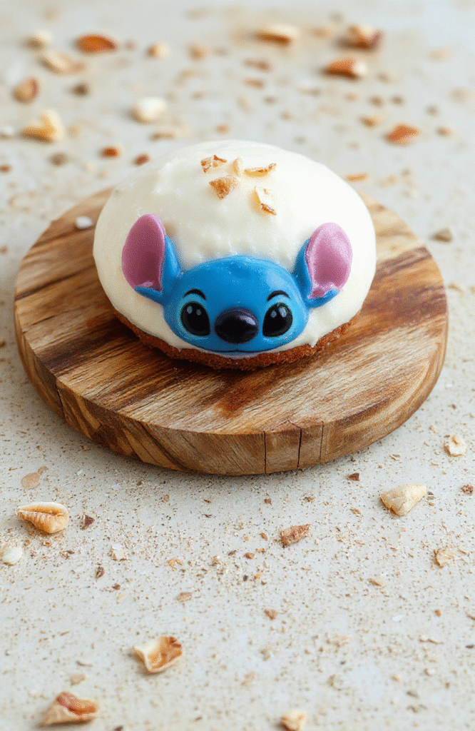 A slice of coconut cream pie with golden-brown flaky crust, creamy white filling, toasted coconut flakes on top, served on a rustic wooden board with tropical leaves and a small palm tree shot in soft daylight.