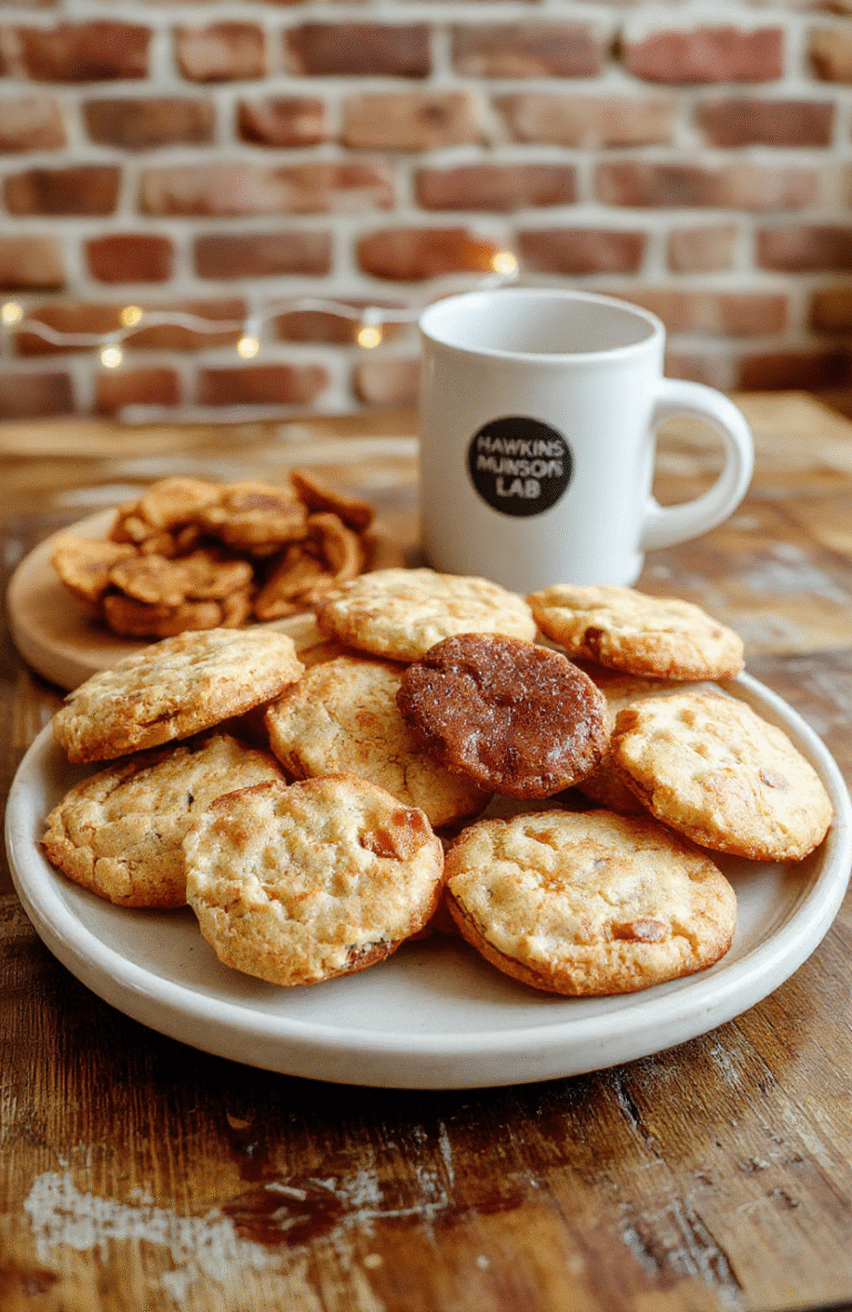 Three detailed guitar pick-shaped sugar cookies in deep blue and black, with white 'EM' monogram design, placed on a rustic wood cutting board beside a vintage Stratocaster and dimly lit Hawkins Lab backdrop with subtle flickering string lights