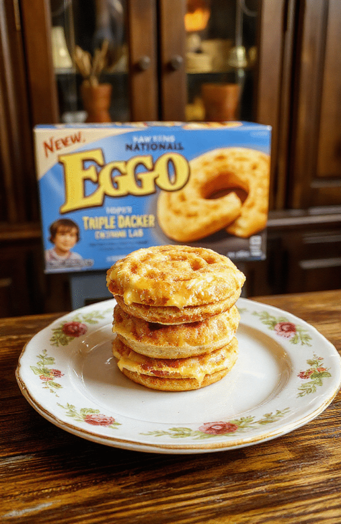 A towering triple-decker Eggo sandwich on a chipped white ceramic plate, with two golden-brown grilled Eggo waffle layers surrounding a thick slab of buttery American cheese and a slightly melted third waffle on top, dusted with powdered sugar, served next to a glass of cold milk and a scattered pile of frozen Eggo boxes in the background, bathed in warm, nostalgic 1980s breakfast diner lighting.