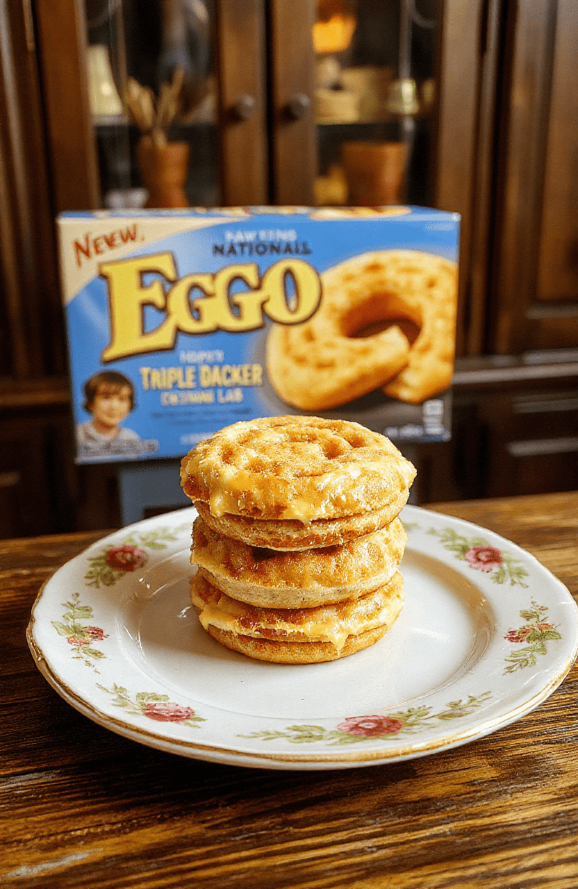 A towering triple-decker Eggo sandwich on a chipped white ceramic plate, with two golden-brown grilled Eggo waffle layers surrounding a thick slab of buttery American cheese and a slightly melted third waffle on top, dusted with powdered sugar, served next to a glass of cold milk and a scattered pile of frozen Eggo boxes in the background, bathed in warm, nostalgic 1980s breakfast diner lighting.