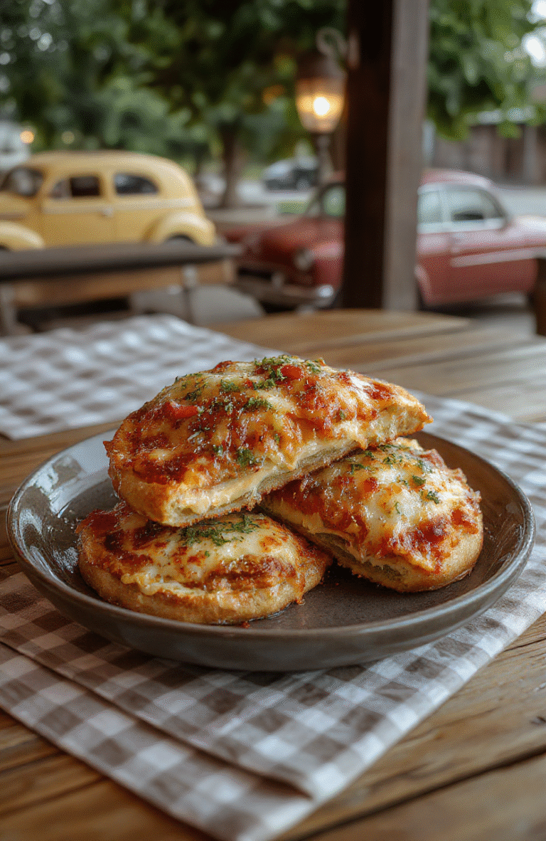 Golden-brown toasted pizza sandwiches with melted mozzarella, pepperoni slices glistening, basil leaves, and marinara sauce drizzle on a rustic wooden board, styled like a 1980s Hawkins snack.