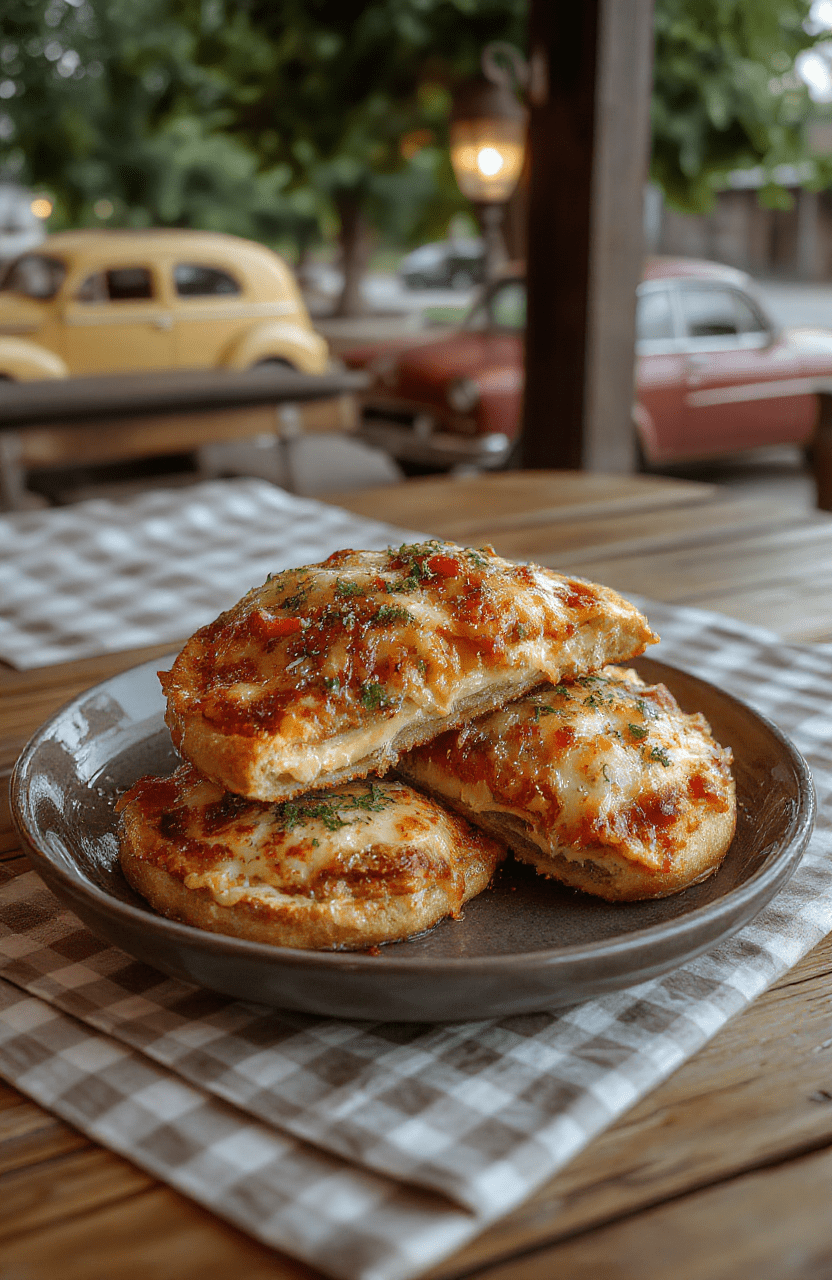 Golden-brown toasted pizza sandwiches with melted mozzarella, pepperoni slices glistening, basil leaves, and marinara sauce drizzle on a rustic wooden board, styled like a 1980s Hawkins snack.