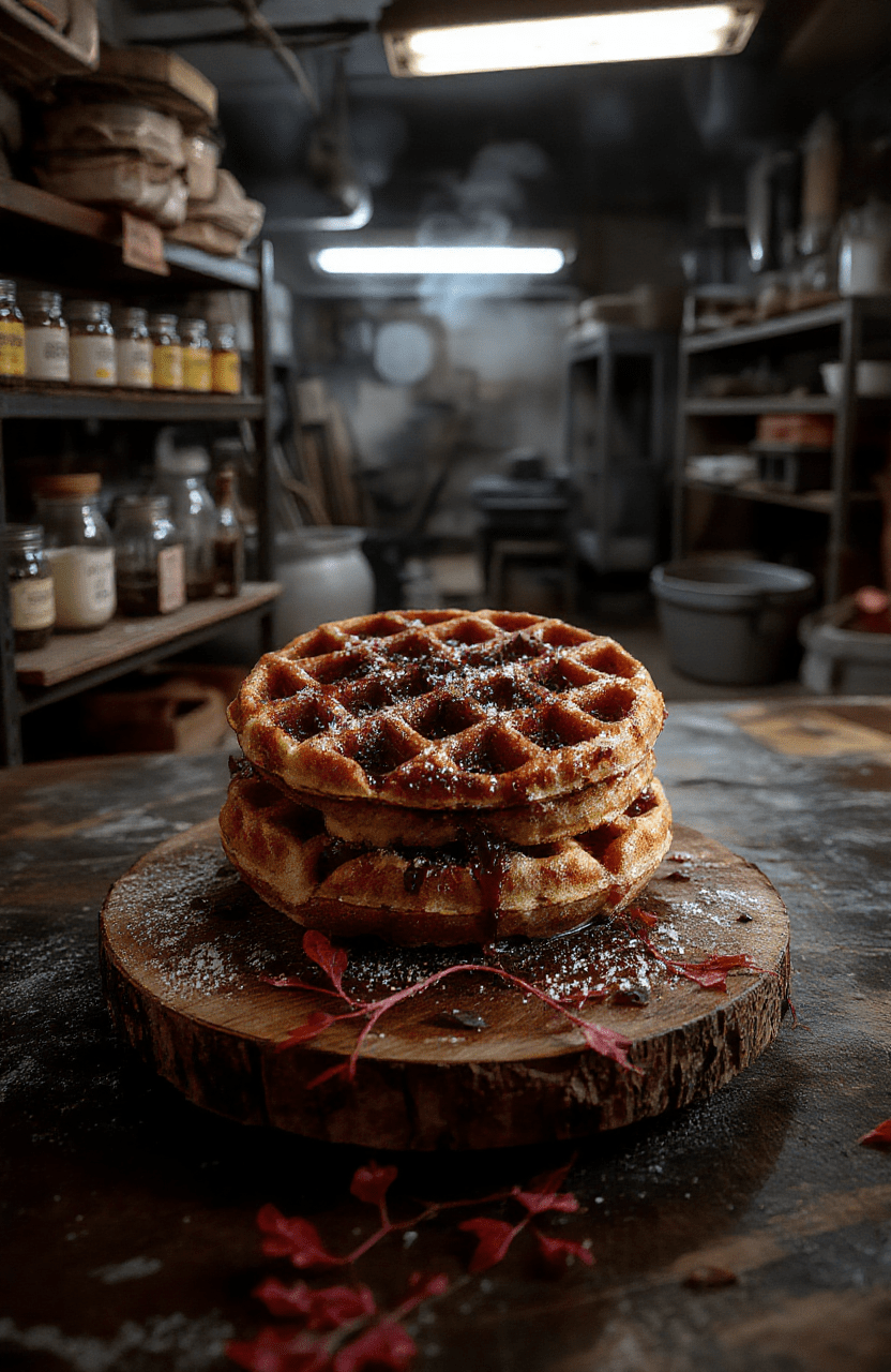 Crackling black waffle topped with vanilla ice cream, drizzled with glossy chocolate sauce and crushed peanuts on a rustic wooden board, smoke rising subtly, set against a dimly lit, eerie Hawkins lab backdrop with faint glowing red vines and dusty shelves in background.