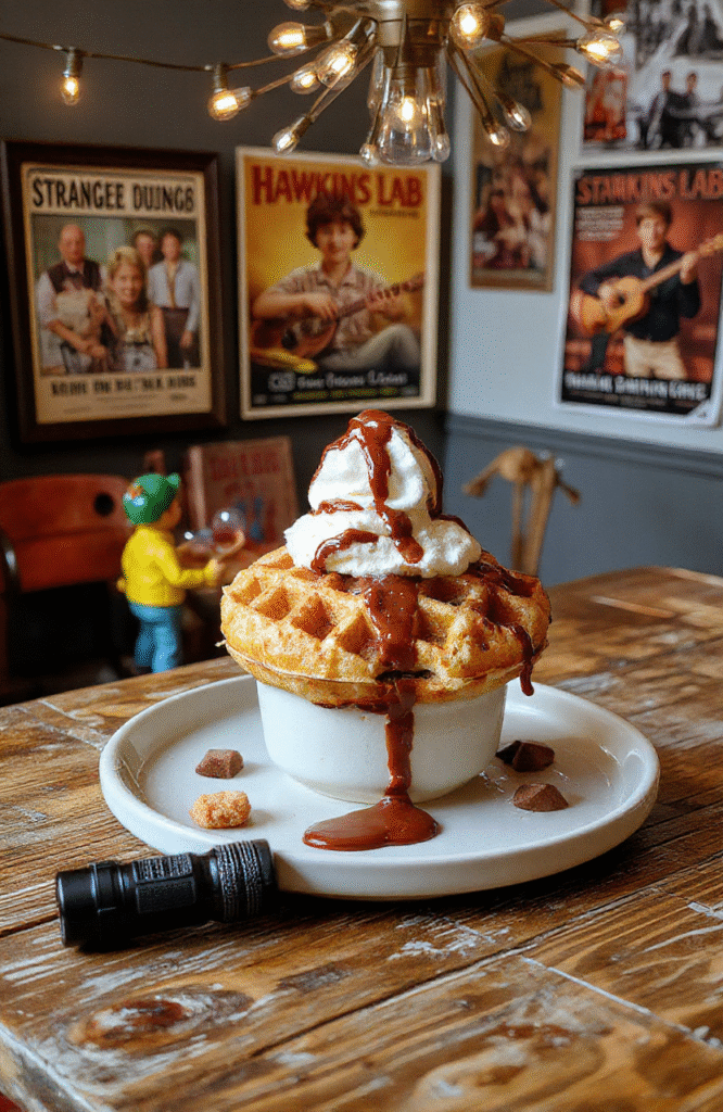 A golden-brown upside-down waffle topped with creamy vanilla ice cream, drizzled with chocolate syrup and strawberry sauce, sprinkled with crushed nuts and colorful candies, served in a rustic ceramic bowl with a vintage Hawkins Lab toy and a small flashlight nearby on a wooden table, in dim flickering neon lighting evoking the Stranger Things basement aesthetic.