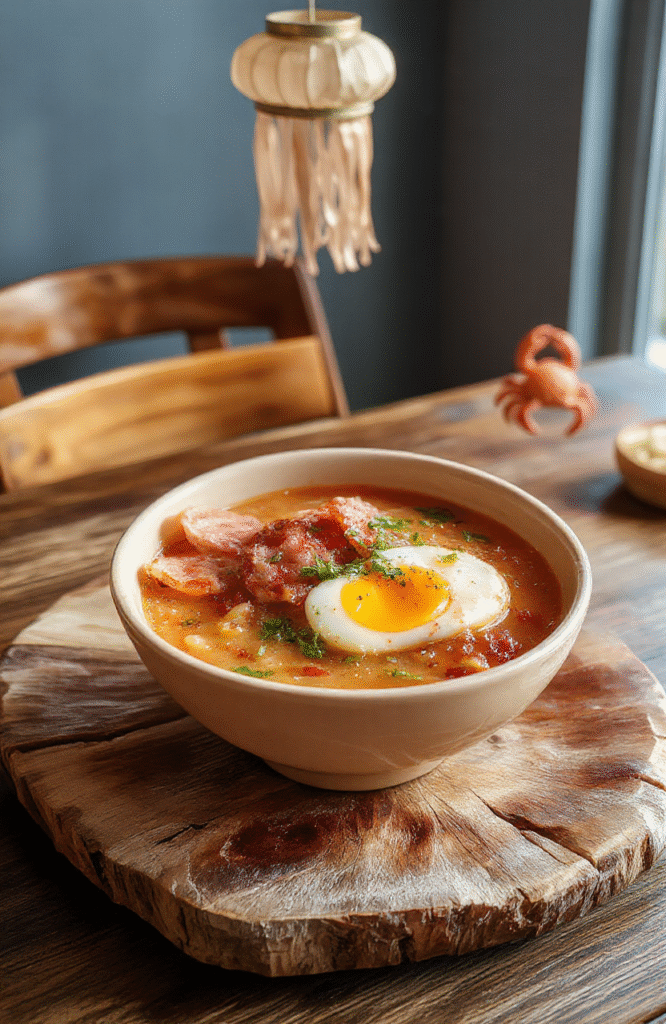 A steaming bowl of ramen topped with sliced ham, a perfectly soft-boiled egg halved to reveal a vibrant orange yolk, nori strands, green onions, and a swirl of pink kamaboko, placed on a rustic wooden board with steam rising, natural daylight, soft shadows, cinematic styling inspired by My Neighbor Totoro's cozy kitchen