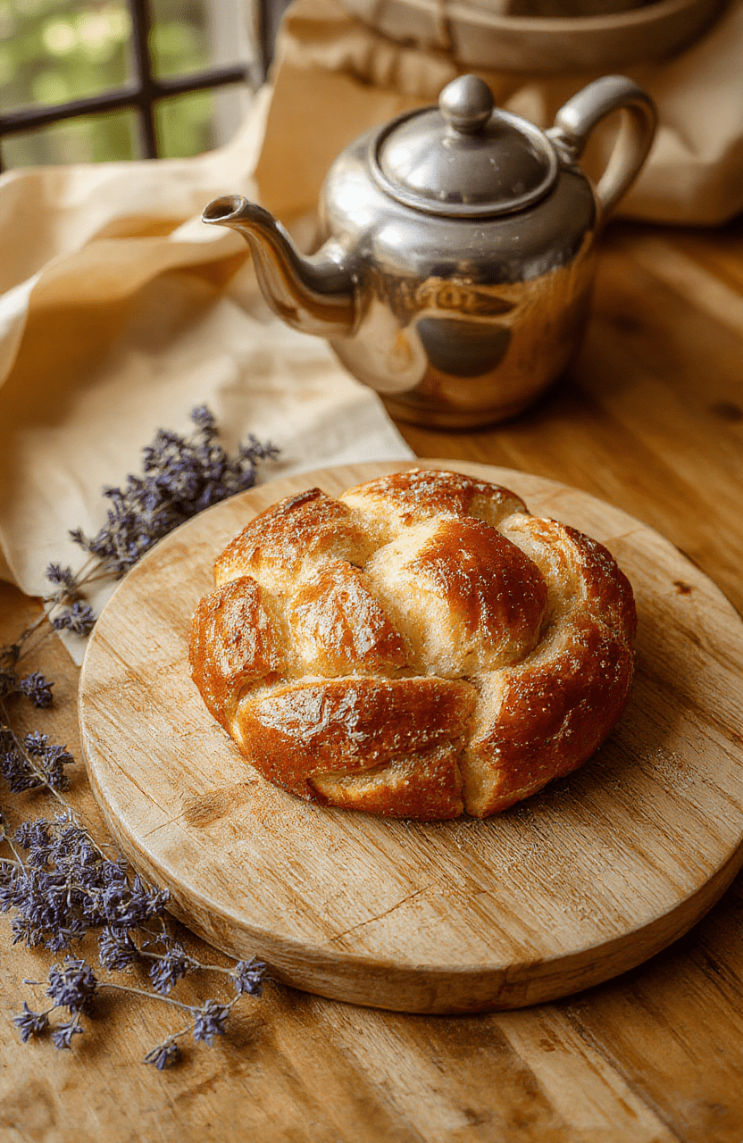 Golden braided brioche loaf with rich, buttery crumb, glossy egg-washed surface, and a delicate crown-like weave resembling Rapunzel’s long hair — served on a rustic wooden board with dried lavender and a sprig of rosemary.