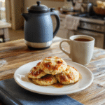 Warm, golden-brown buttery biscuits with a soft crumb and slight crust, sprinkled with coarse sea salt and flaky butter drizzle, resting on a rustic wooden board near a steaming mug of tea and a copy of 'The Boss' playbook