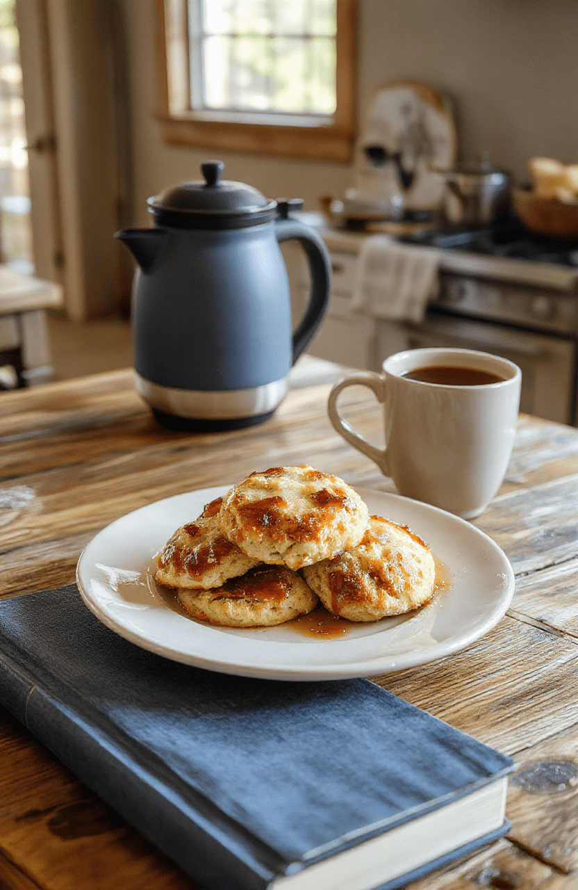 Warm, golden-brown buttery biscuits with a soft crumb and slight crust, sprinkled with coarse sea salt and flaky butter drizzle, resting on a rustic wooden board near a steaming mug of tea and a copy of 'The Boss' playbook