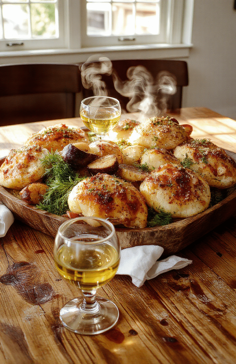 An elegant round wooden serving platter overflowing with seven distinct prepared seafood dishes arranged artfully: grilled octopus, lemon-herb baked cod, spicy shrimp scampi, creamy crab linguine, classic fried calamari rings, garlicky clams casino, and smoky marinated anchovies. Garnished with fresh parsley, lemon wedges, and mini olive garnishes. Background is a rustic Italian kitchen counter with soft natural light and subtle steam rising from hot dishes.