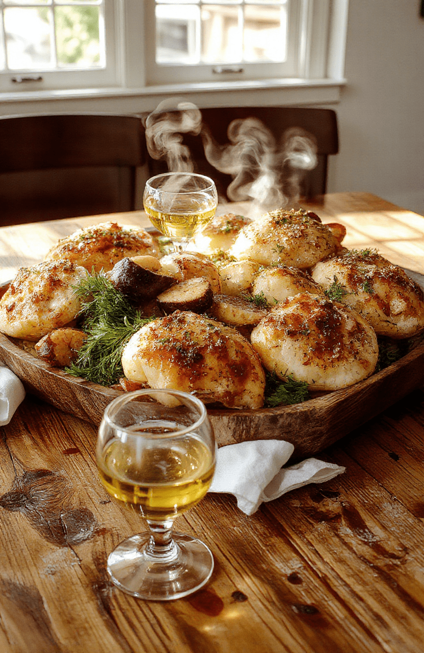 An elegant round wooden serving platter overflowing with seven distinct prepared seafood dishes arranged artfully: grilled octopus, lemon-herb baked cod, spicy shrimp scampi, creamy crab linguine, classic fried calamari rings, garlicky clams casino, and smoky marinated anchovies. Garnished with fresh parsley, lemon wedges, and mini olive garnishes. Background is a rustic Italian kitchen counter with soft natural light and subtle steam rising from hot dishes.