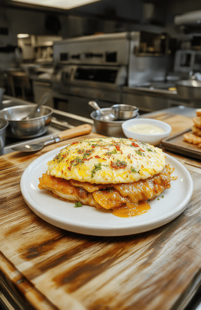 A golden, fluffy omelette with crispy crumbled potato chips, melted cheddar cheese, and chopped green onions on a rustic wooden board, with a side of ketchup and a single fresh egg cracked beside it, in warm natural light.