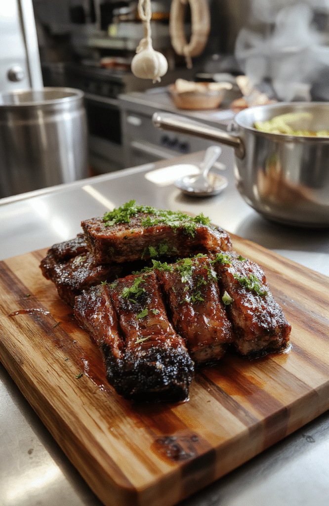 Glossy cola-braised short ribs atop creamy mashed potatoes, glistening with rich reduction sauce, garnished with fresh rosemary sprigs and cracked black pepper, served on a rustic wooden board with subtle steam rising.