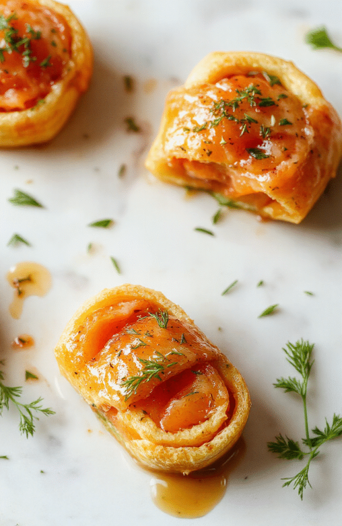 Elegant smoked salmon and dill pinwheels arranged on a white porcelain plate, each wheel sliced to reveal vibrant pink salmon, fresh green dill, and pale cream cheese layers, garnished with lemon zest and capers, against a soft blue linen background.