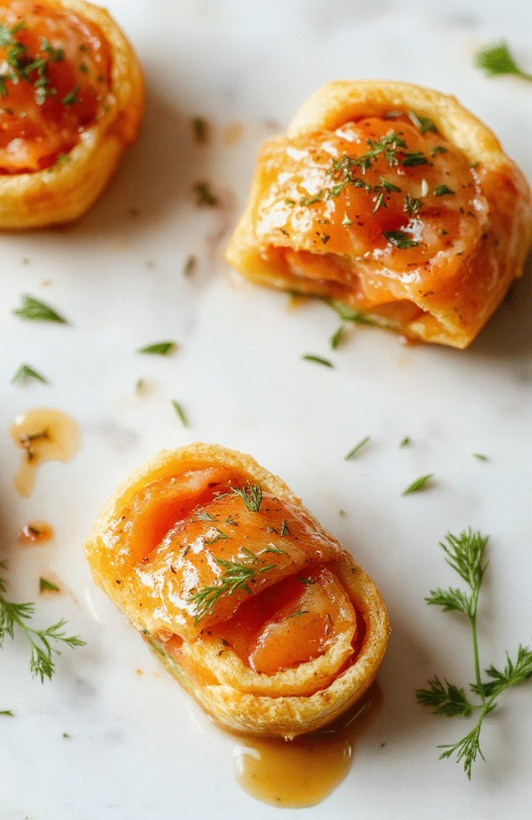 Elegant smoked salmon and dill pinwheels arranged on a white porcelain plate, each wheel sliced to reveal vibrant pink salmon, fresh green dill, and pale cream cheese layers, garnished with lemon zest and capers, against a soft blue linen background.