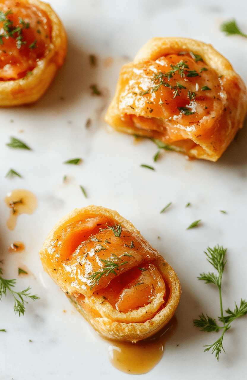 Elegant smoked salmon and dill pinwheels arranged on a white porcelain plate, each wheel sliced to reveal vibrant pink salmon, fresh green dill, and pale cream cheese layers, garnished with lemon zest and capers, against a soft blue linen background.