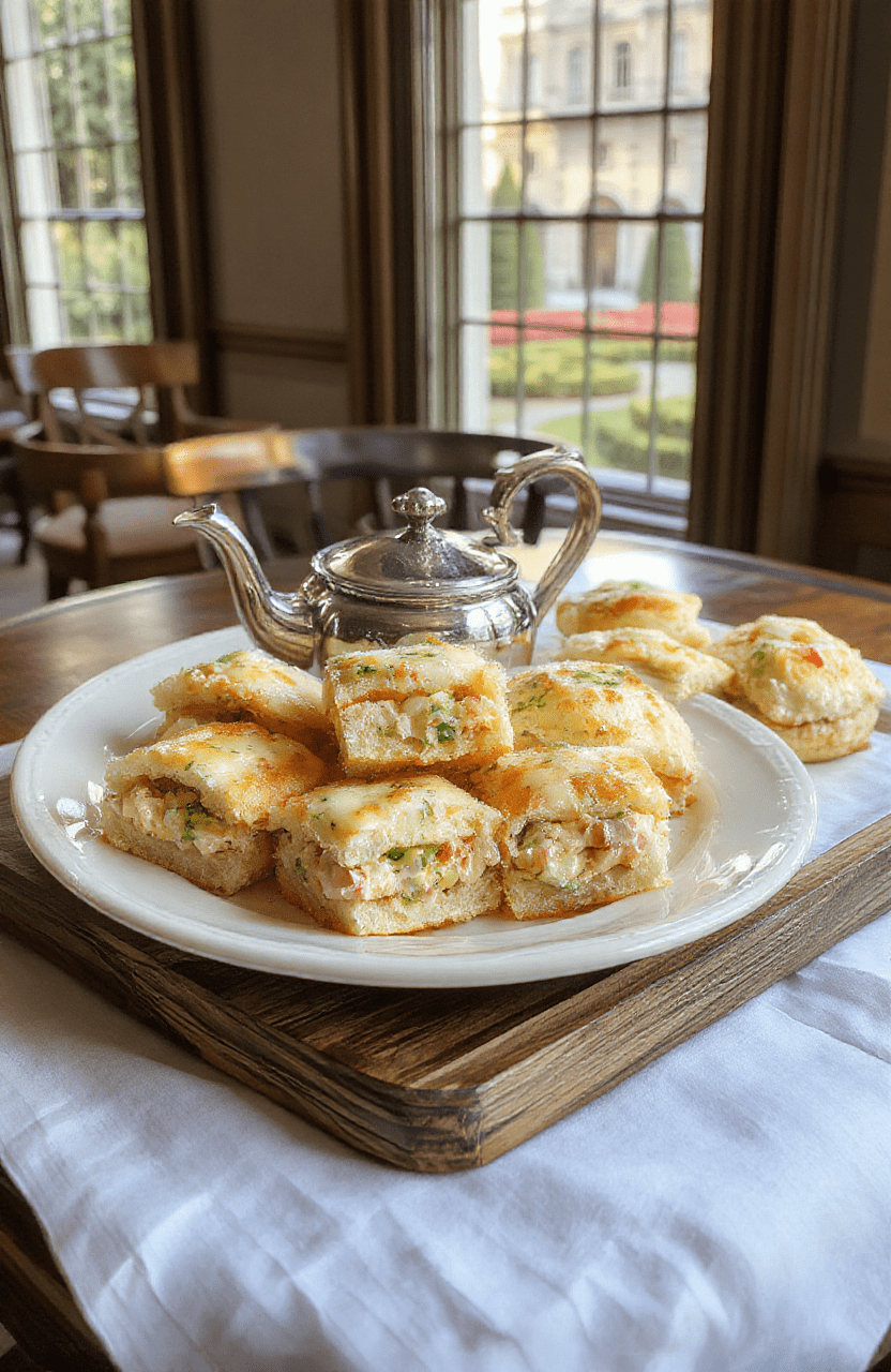 Elegant chicken salad finger sandwiches on white porcelain plate with delicate crustless bread, garnished with fresh dill sprigs and thin lemon zest ribbons, served with silver fork and tea cup in background, soft daylight, minimalist Victorian-style table setting