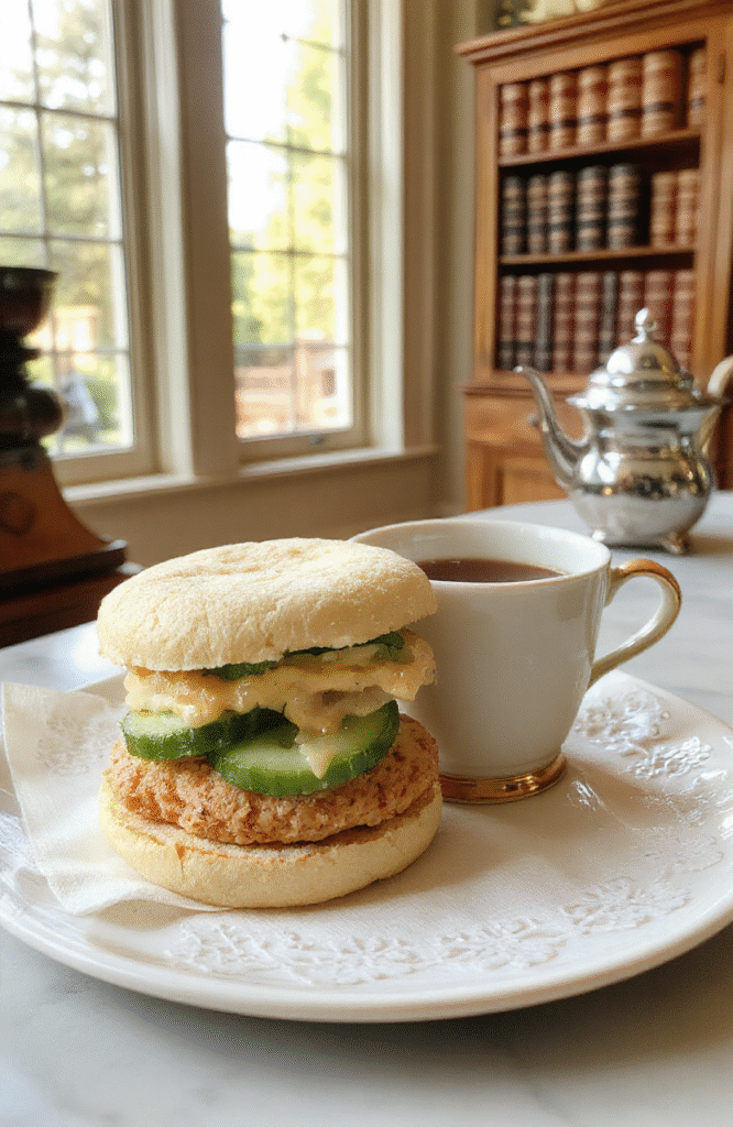 Elegant white bone china plate with three delicate, crustless cucumber-and-mint tea sandwiches arranged in a triangle, each layered with pale green cucumber slices, fresh mint leaves, and a swipe of herbed cream cheese, served on a lace-trimmed linen napkin beside a tall glass of iced green tea and a sprig of mint.