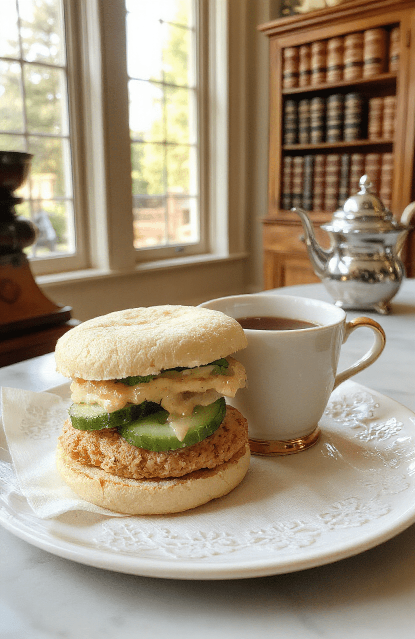 Elegant white bone china plate with three delicate, crustless cucumber-and-mint tea sandwiches arranged in a triangle, each layered with pale green cucumber slices, fresh mint leaves, and a swipe of herbed cream cheese, served on a lace-trimmed linen napkin beside a tall glass of iced green tea and a sprig of mint.