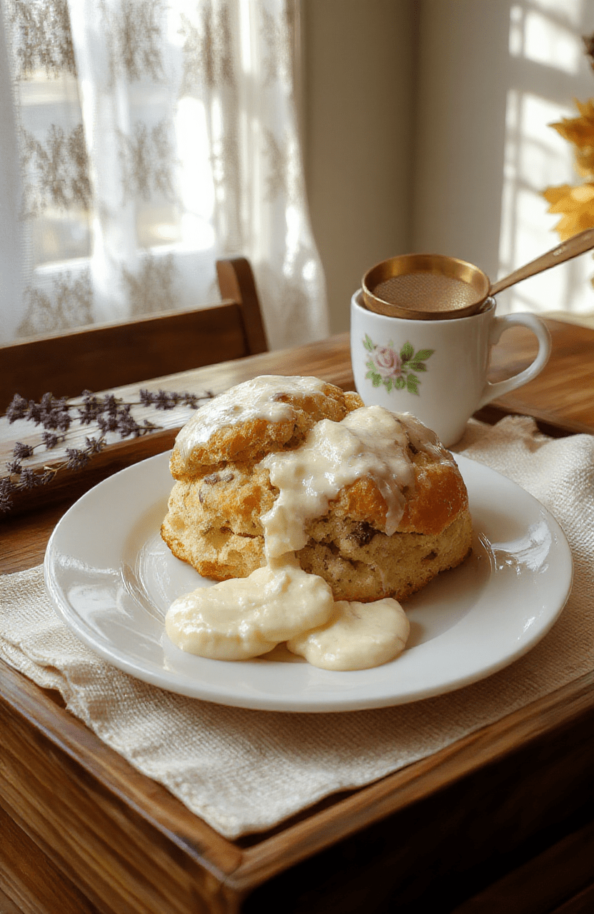 Two golden-brown Crown Royal scones resting on a rustic white ceramic plate, drizzled with amber-colored clotted cream and topped with edible gold flakes and a sprig of fresh thyme. Sunlight illuminates the flaky, buttery layers, with a subtle shimmer from the cream's rich texture. Background features soft, warm tones of a cozy English cottage kitchen.