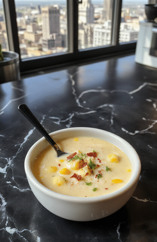 Creamy golden corn chowder in a minimalist white soup bowl, garnished with chive confetti, a single edible gold flake, and a tiny black pepper snowflake — served beside a sleek black spoon and a crisp white napkin folded like origami. Visual contrast of luxury minimalism with rustic comfort.