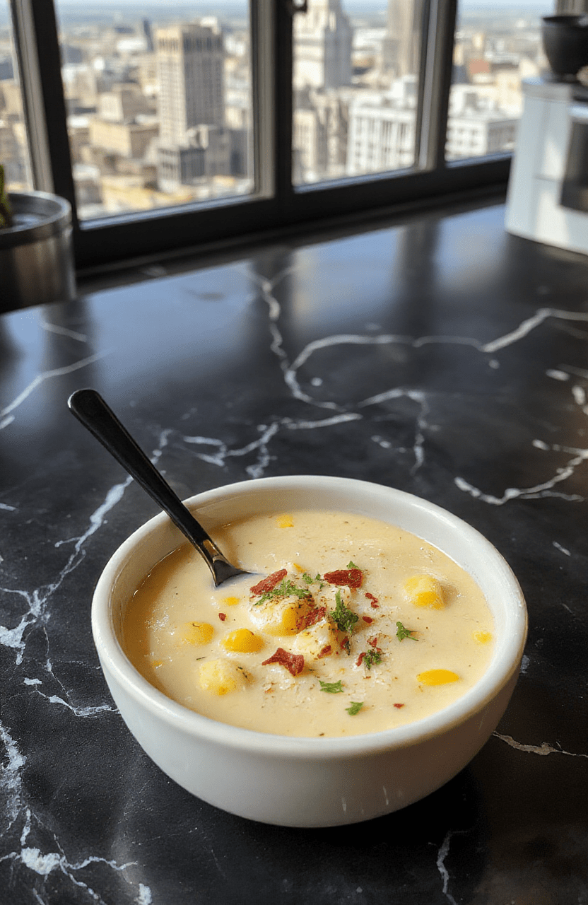 Creamy golden corn chowder in a minimalist white soup bowl, garnished with chive confetti, a single edible gold flake, and a tiny black pepper snowflake — served beside a sleek black spoon and a crisp white napkin folded like origami. Visual contrast of luxury minimalism with rustic comfort.
