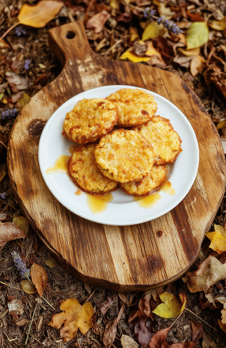 Golden-brown honey cakes with crisp edges and soft centers, dusted with powdered sugar, arranged on a rustic wooden board beside wild honeycomb, a dollop of clotted cream, and fresh blueberries, set against a backdrop of soft forest light and autumn leaves