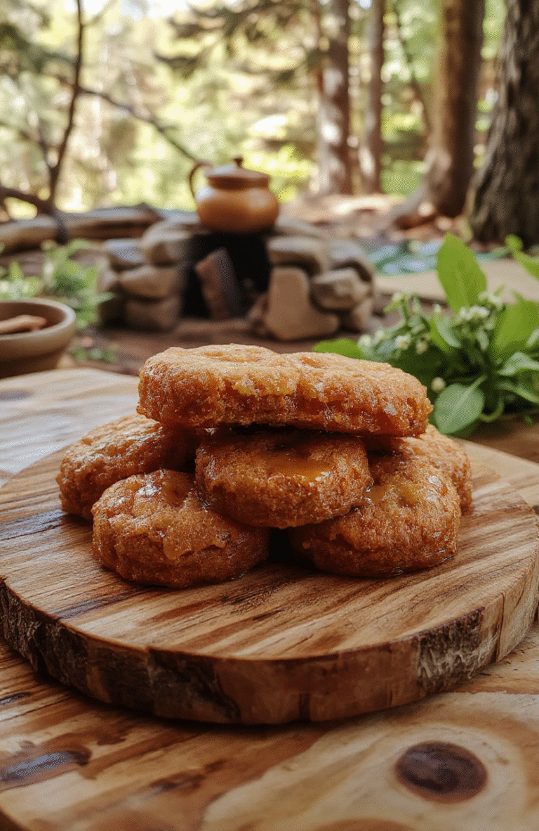 Two golden-brown honey cakes with a sticky glaze, dusted with coarse sugar and drizzled with honey, placed on a rustic wooden tray beside野生 honeycomb and fresh wildflower blossoms, with soft morning light filtering through pine branches in background