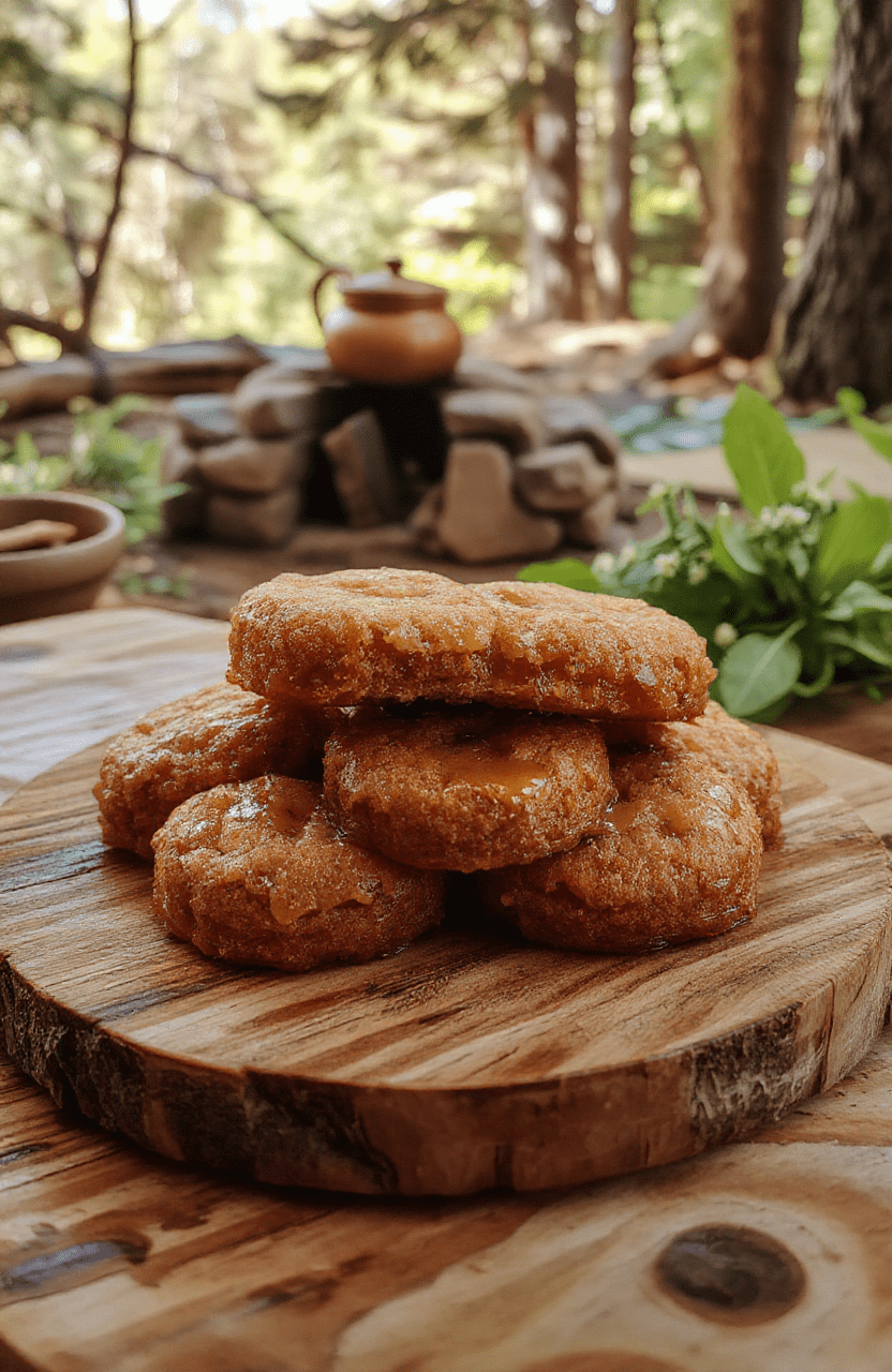 Two golden-brown honey cakes with a sticky glaze, dusted with coarse sugar and drizzled with honey, placed on a rustic wooden tray beside野生 honeycomb and fresh wildflower blossoms, with soft morning light filtering through pine branches in background