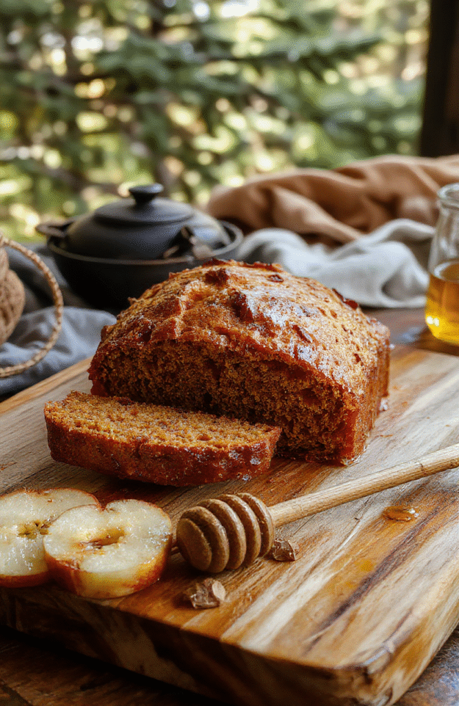 A rustic golden-brown spiced honey bread loaf with a crackling honey-drizzled crust, flecked with oats, walnuts, and dried apples, resting on a weathered wooden board beside a honey dipper and sprigs of fresh thyme, against a warm, slightly blurred forest backdrop evoking Middle-earth.