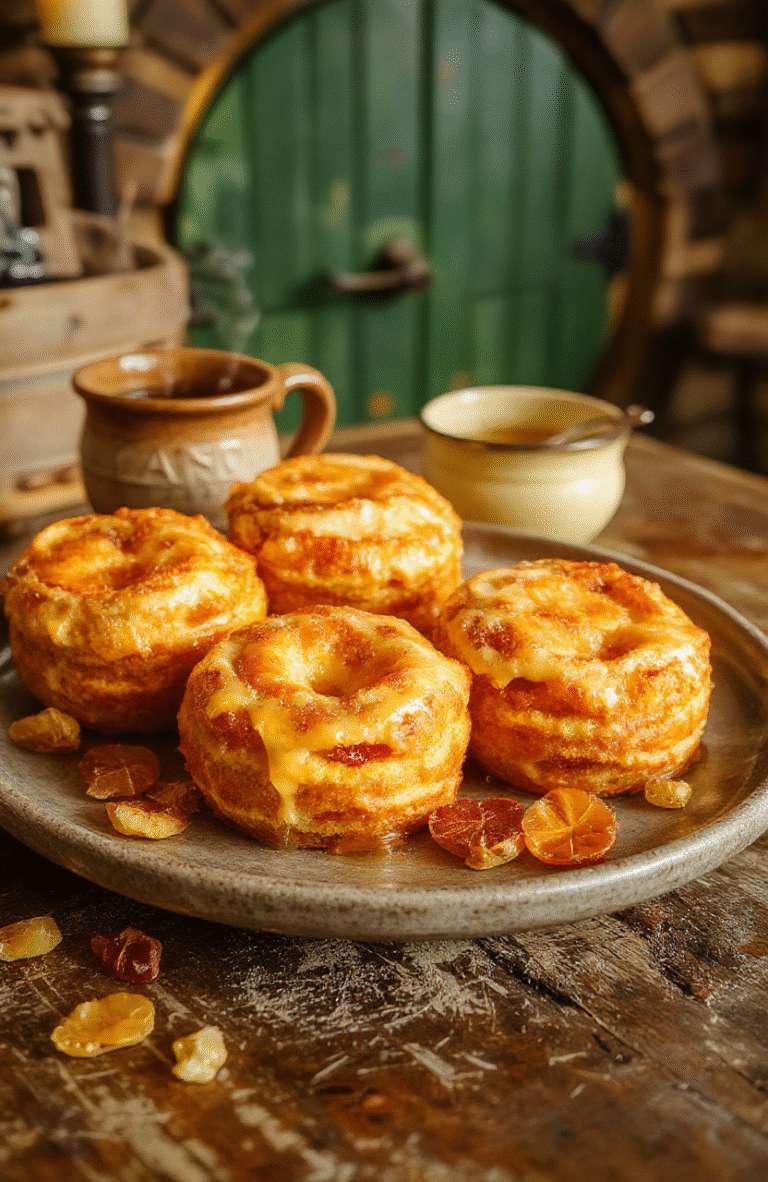Golden-orange honey cakes dusted with edible gold sparklers and whole burnt orange segments, arranged on a rustic wooden board beside a steaming cup of tea and scattered dried apricots, against a cozy hearth backdrop with soft focus flames