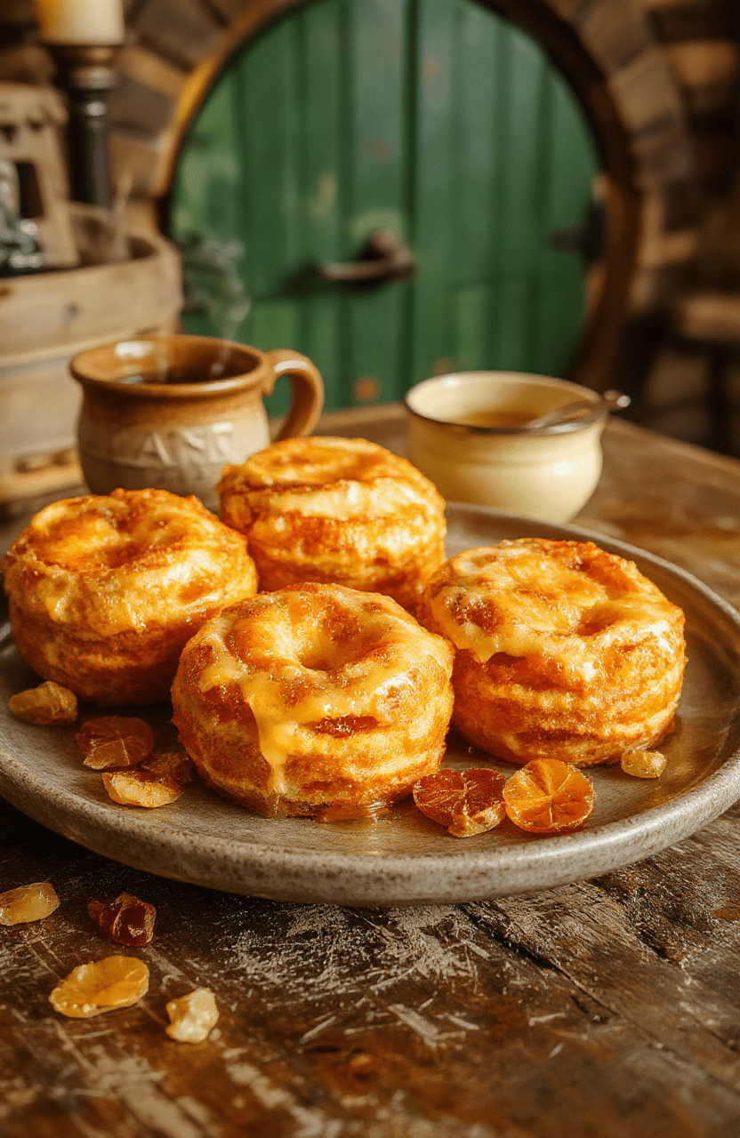 Golden-orange honey cakes dusted with edible gold sparklers and whole burnt orange segments, arranged on a rustic wooden board beside a steaming cup of tea and scattered dried apricots, against a cozy hearth backdrop with soft focus flames