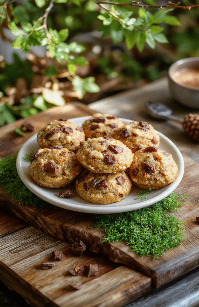 Golden-brown round nut and honey cakes resting on a rustic wooden board, surrounded by wild forest nuts, fresh pine sprigs, and a drizzle of golden honey, with soft moss and dried leaves in the background under dappled forest light.