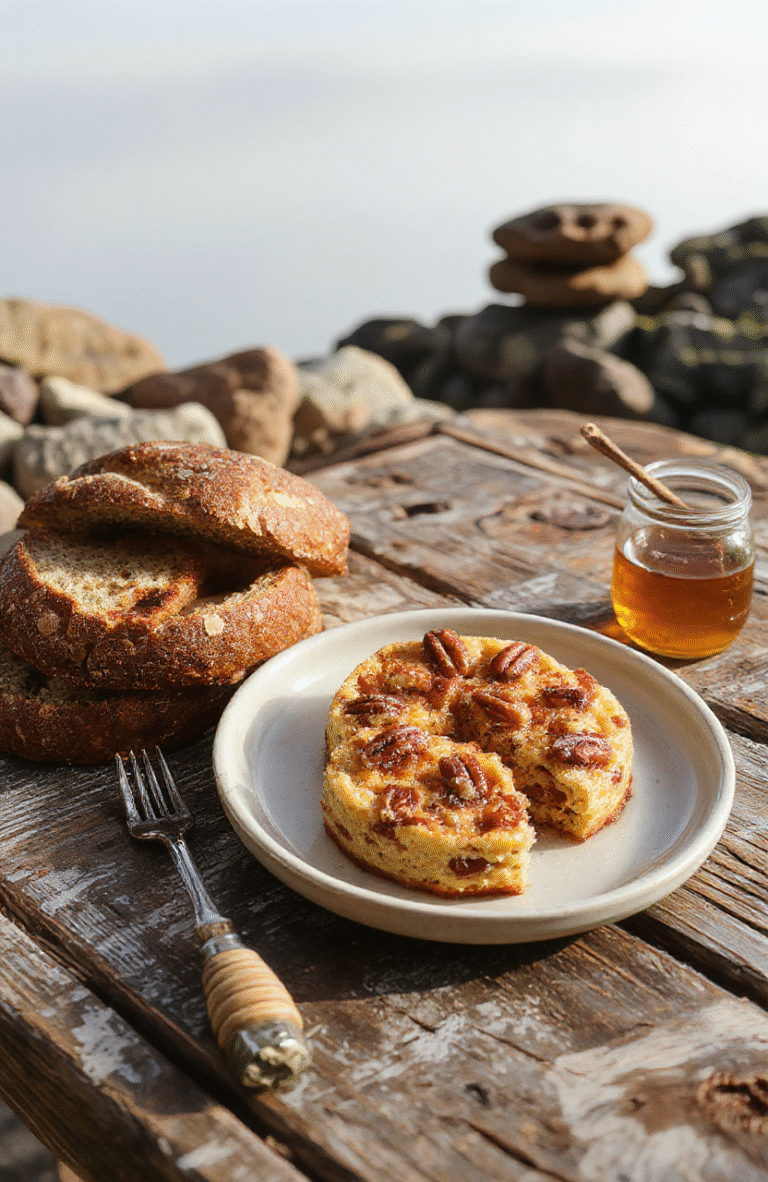Two golden-brown, slightly domed honey cakes topped with a swirl of pecan-studded maple glaze, resting on a rustic wooden board. Crumbs hint at a recent slice, with visible flecks of toasted pecans and a drizzle of honey running down the side. Background features subtle stone textures and distant misty peaks.