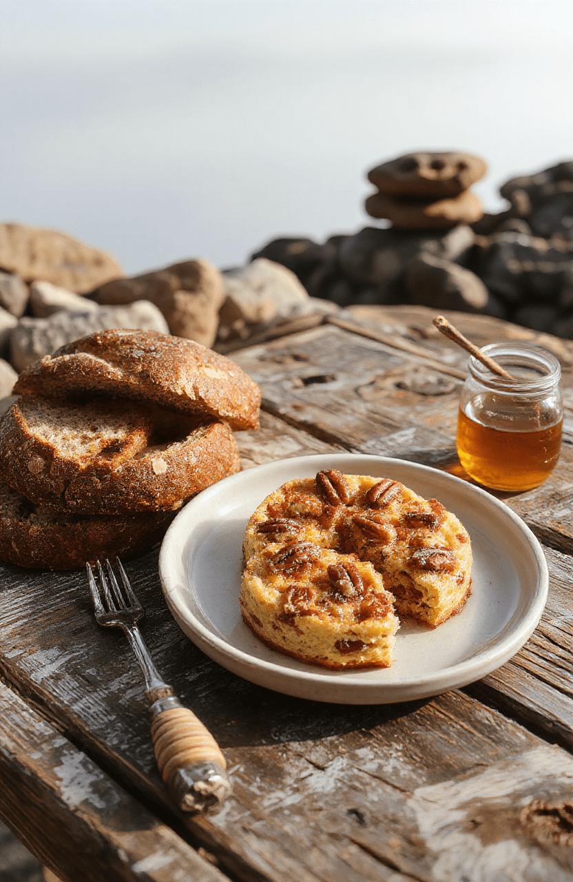 Two golden-brown, slightly domed honey cakes topped with a swirl of pecan-studded maple glaze, resting on a rustic wooden board. Crumbs hint at a recent slice, with visible flecks of toasted pecans and a drizzle of honey running down the side. Background features subtle stone textures and distant misty peaks.
