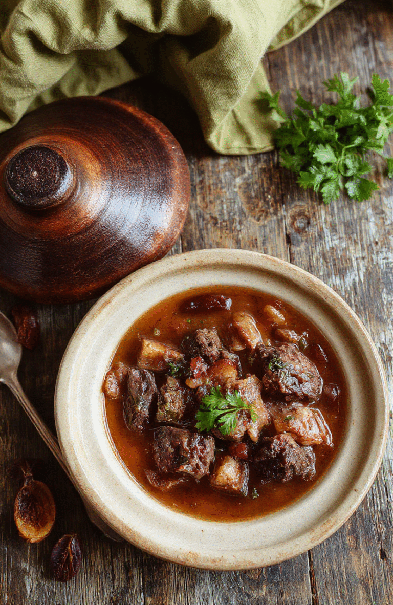 A rustic clay pot filled with rich brown lamb stew featuring tender chunks of meat, plump dried plums, carrots, onions, and herbs, garnished with fresh parsley, sitting on a wooden table with soft daylight and subtle steam rising.