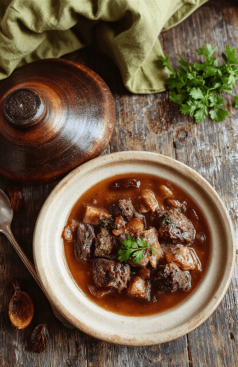 A rustic clay pot filled with rich brown lamb stew featuring tender chunks of meat, plump dried plums, carrots, onions, and herbs, garnished with fresh parsley, sitting on a wooden table with soft daylight and subtle steam rising.
