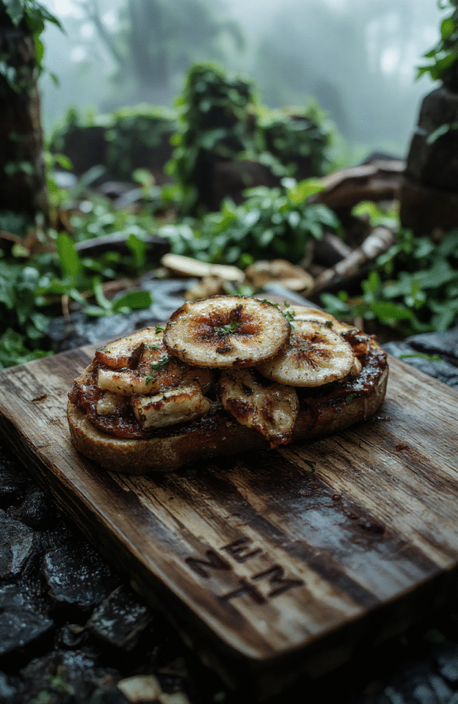 A rustic sourdough toast topped with vibrant green cordyceps mushroom spread, microgreens, edible flowers, and a drizzle of golden honey, placed on a weathered wooden table with soft amber lighting and subtle fungal details in the background.